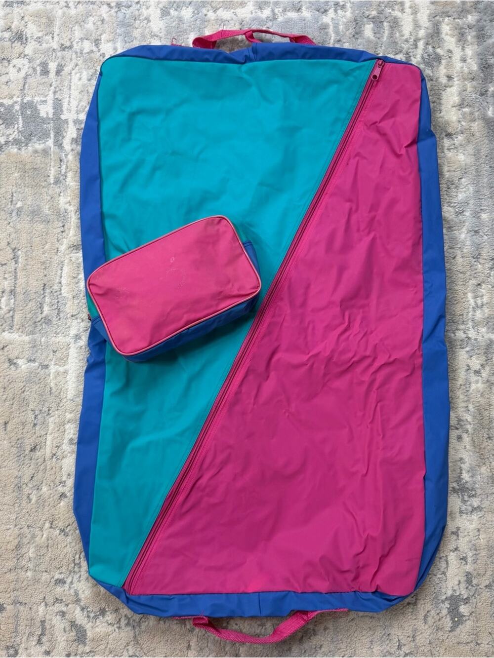 VTG 1980s hanging garment suit bag set Luggage Color Block Pink Teal Zip